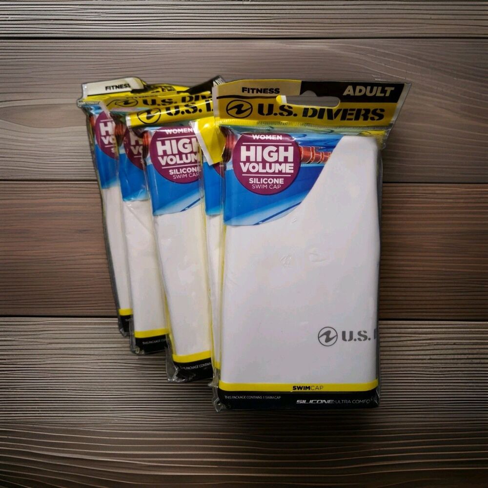 US Divers High Volume Silicone Swim Cap White Adult Womens New Lot of 5